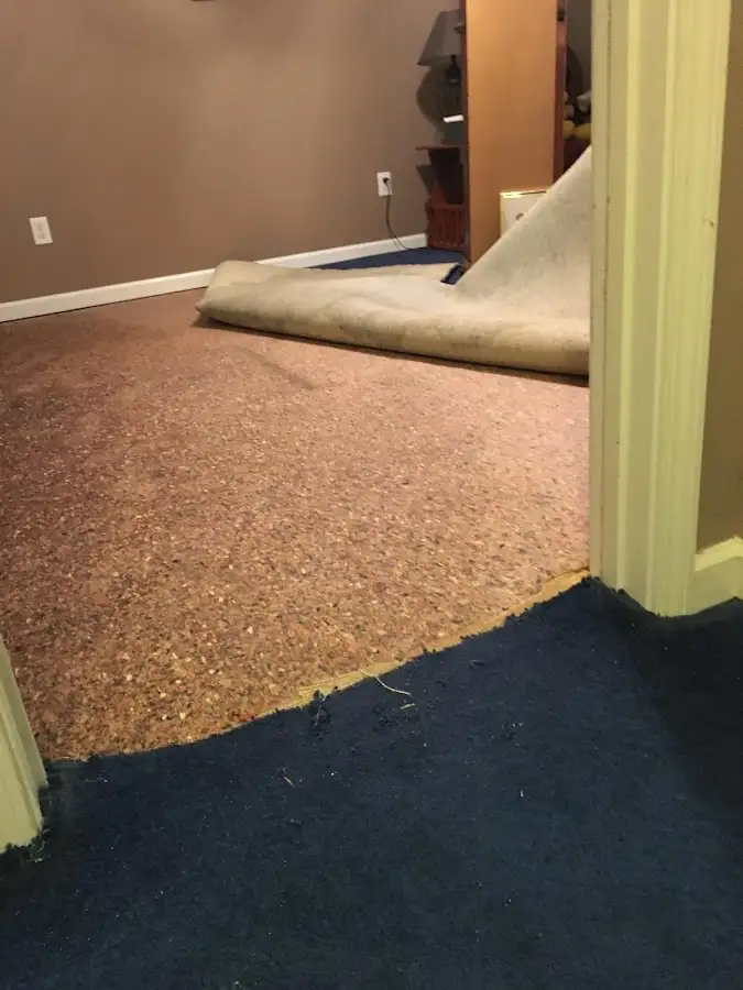 Carpet pad removal revealing water damage during Water Mitigation Services in Santa Maria